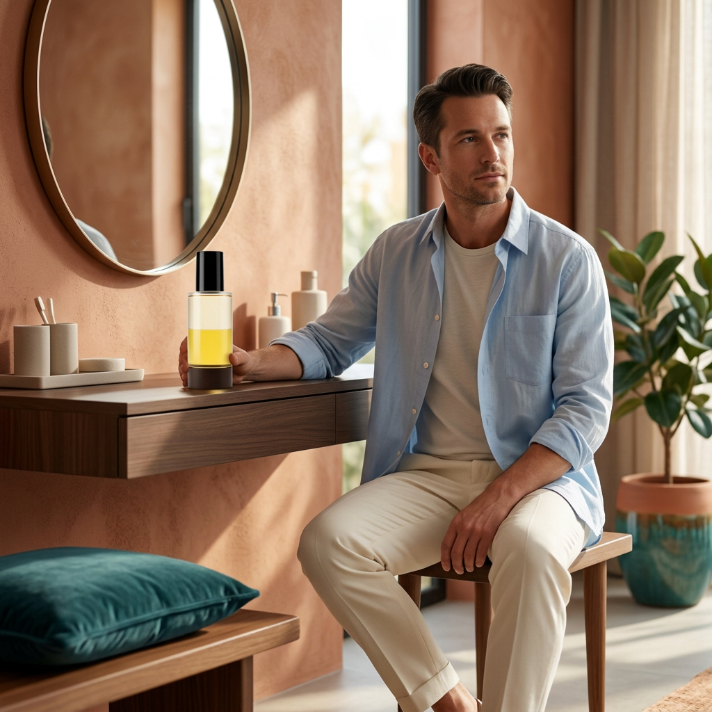 Adult male model beside body serum oil on a vanity