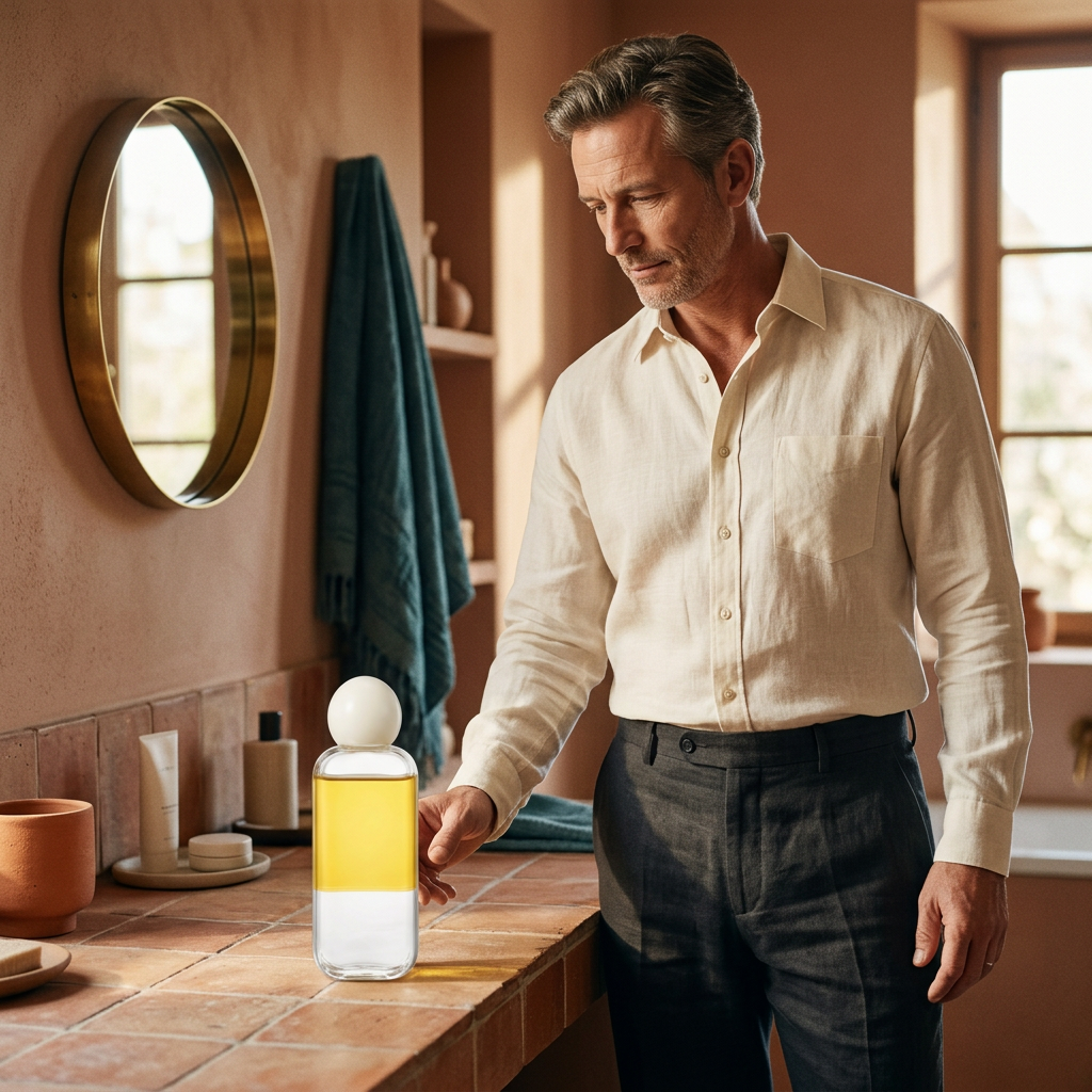 Adult male model beside golden-toned body serum oil