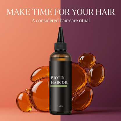 Biotin Hair Oil ritual graphic with coral and plum background and decorative amber droplets
