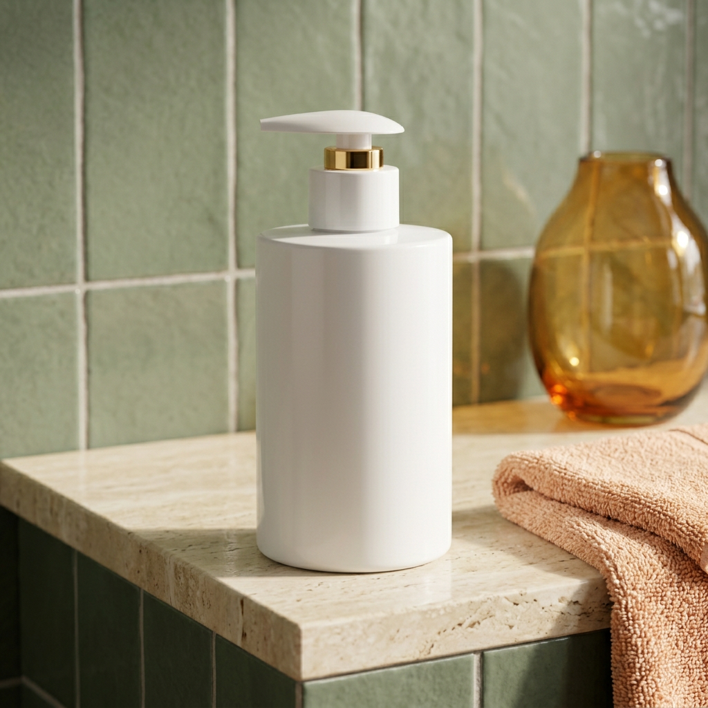 White honey body lotion on a warm sage bathroom shelf