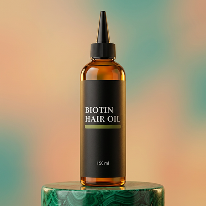 Biotin Hair Oil amber bottle on an emerald pedestal with warm peach lighting