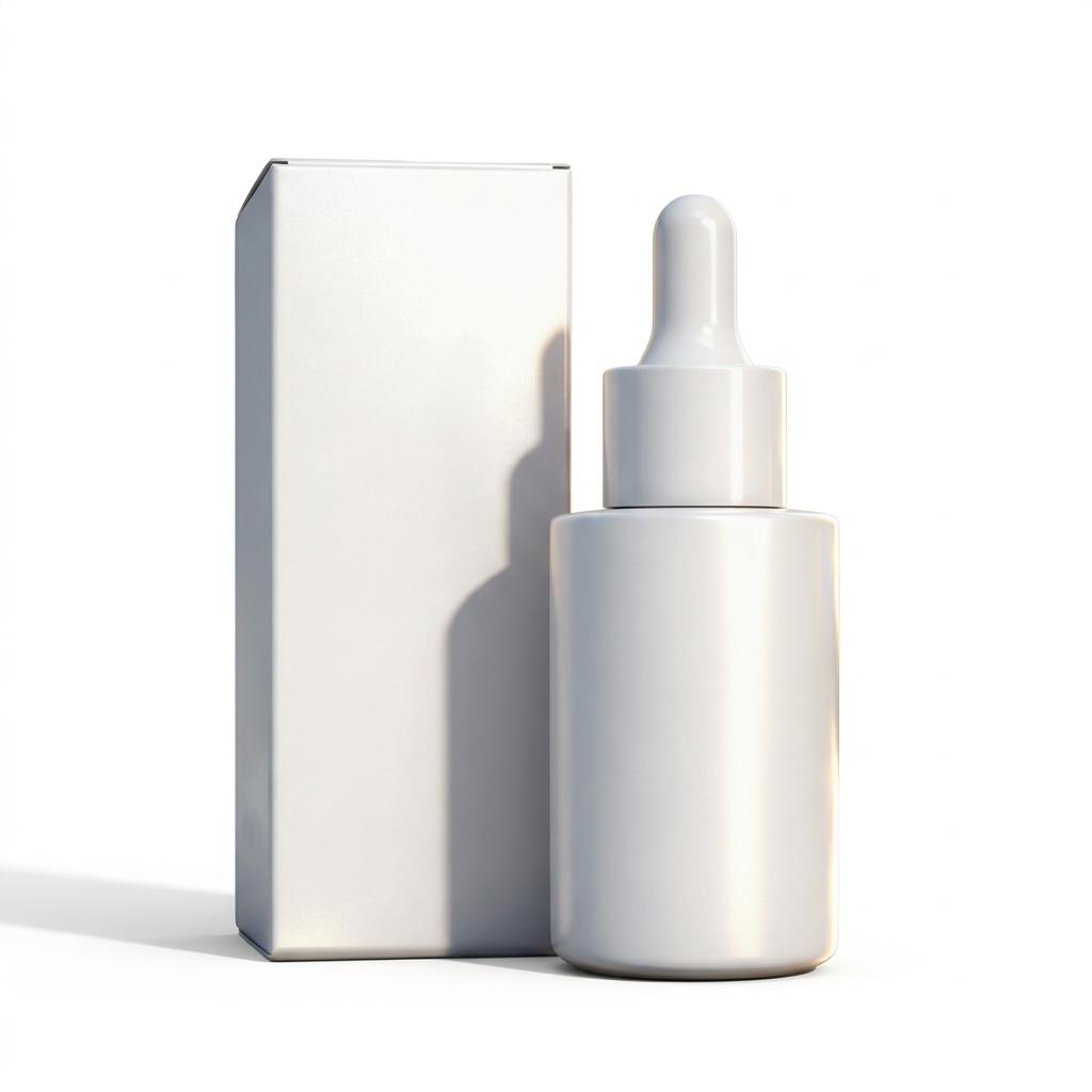 Hair care essence plain white dropper bottle and matching carton on a white background