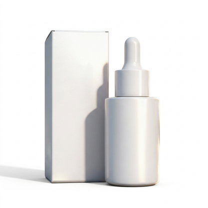 Hair care essence plain white dropper bottle and matching carton on a white background