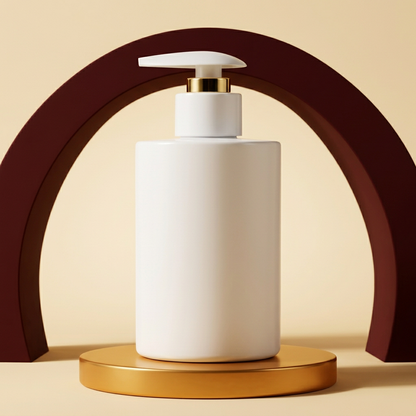 Honey body lotion on gold pedestal with berry backdrop