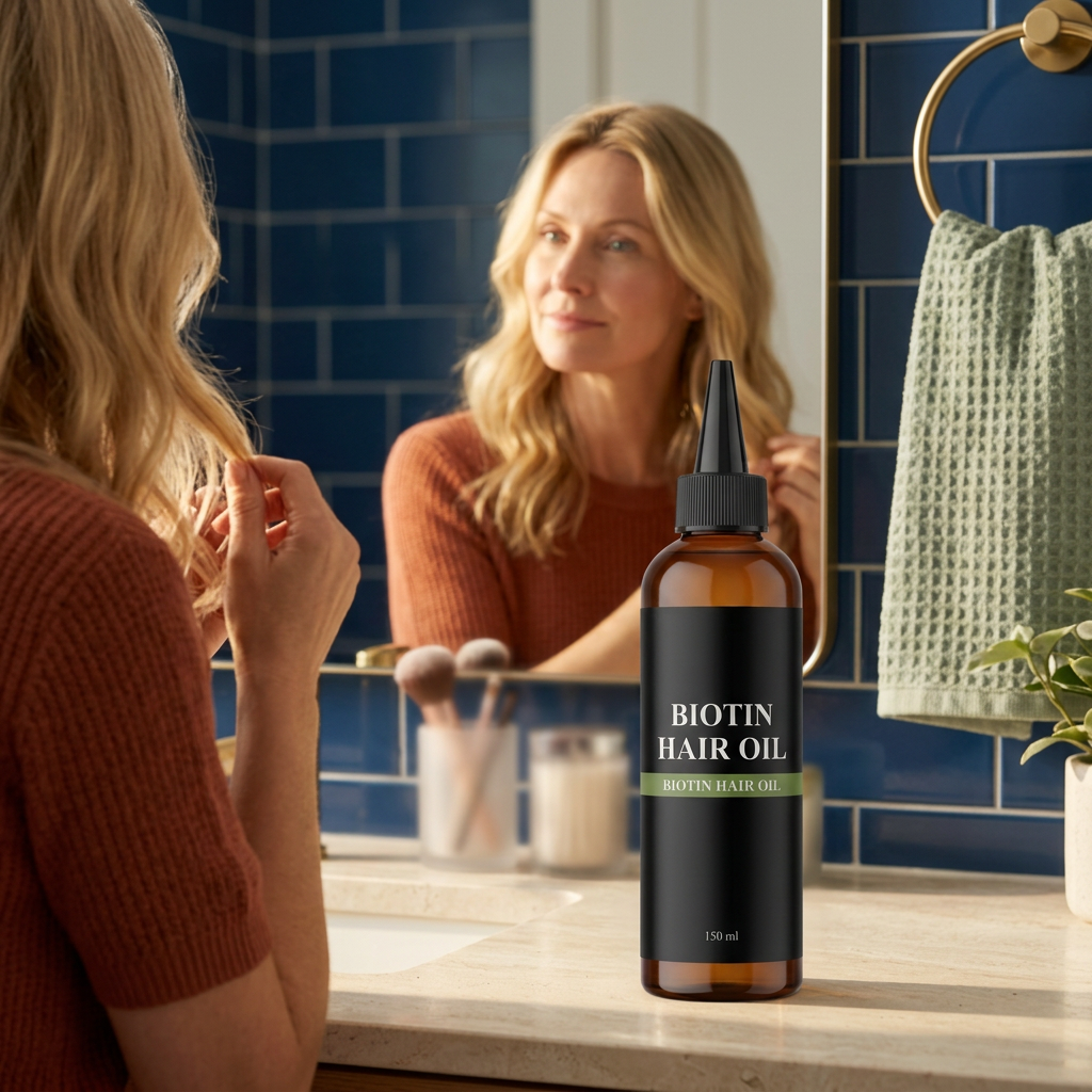 Biotin Hair Oil lifestyle scene with a blonde model at a sunlit vanity, cobalt blue tiles and matching unbranded amber bottle