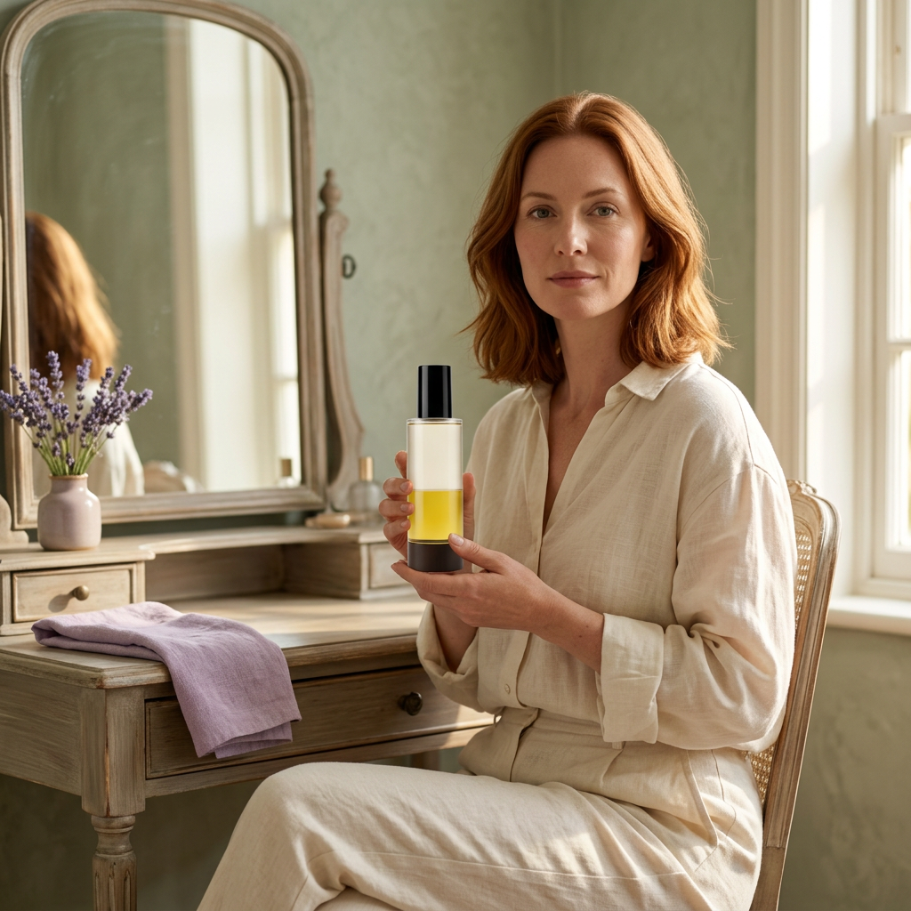 Adult female model holding body serum oil at a dressing table