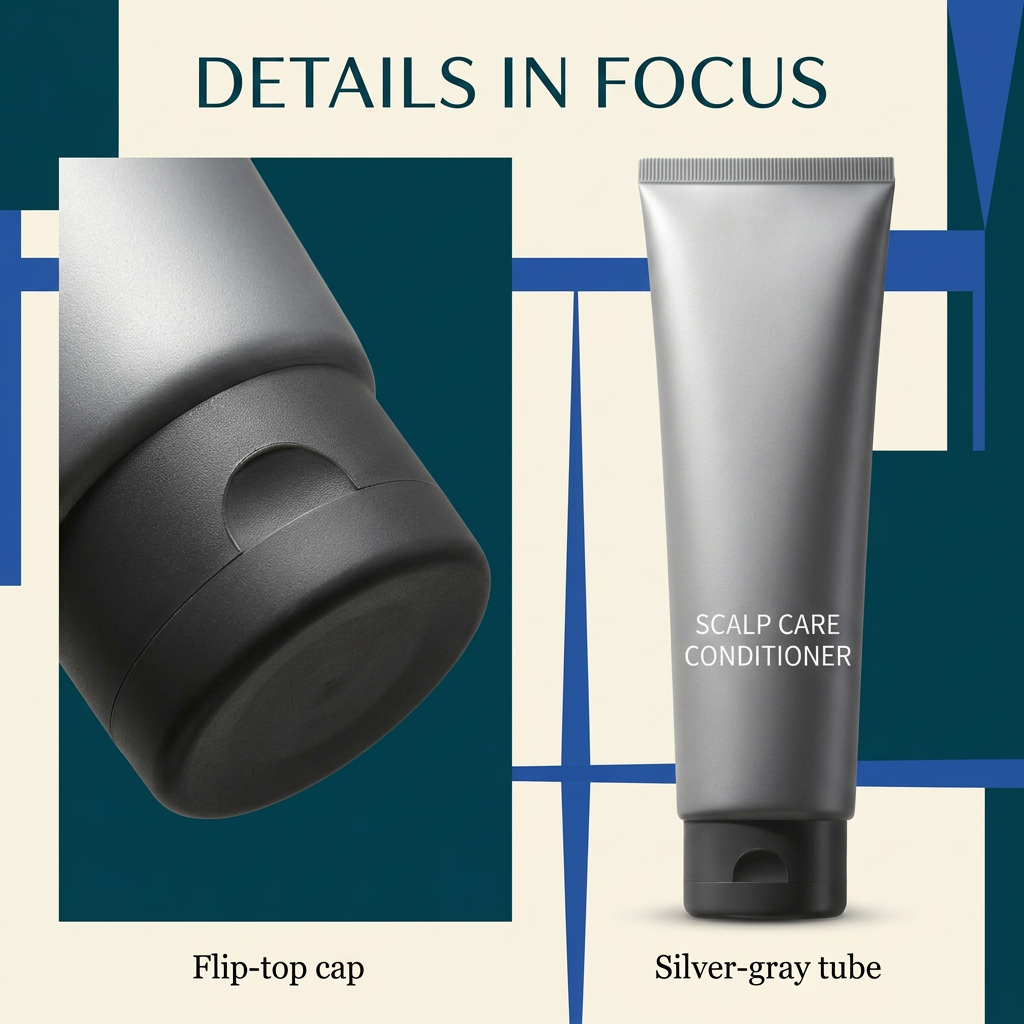 Scalp Care Conditioner silver-gray tube and enlarged flip-top cap detail on a teal and ivory background