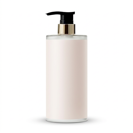 Unbranded blush ivory body lotion with black pump and gold collar on white