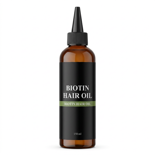 Biotin Hair Oil 150 ml amber bottle with black tapered top on a white background