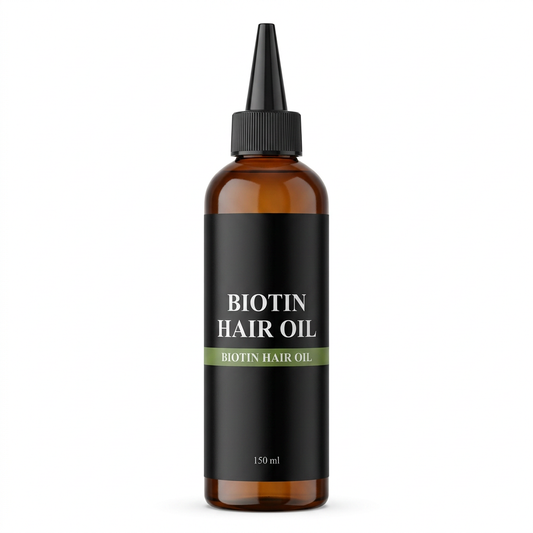 Biotin Hair Oil 150 ml amber bottle with black tapered top on a white background