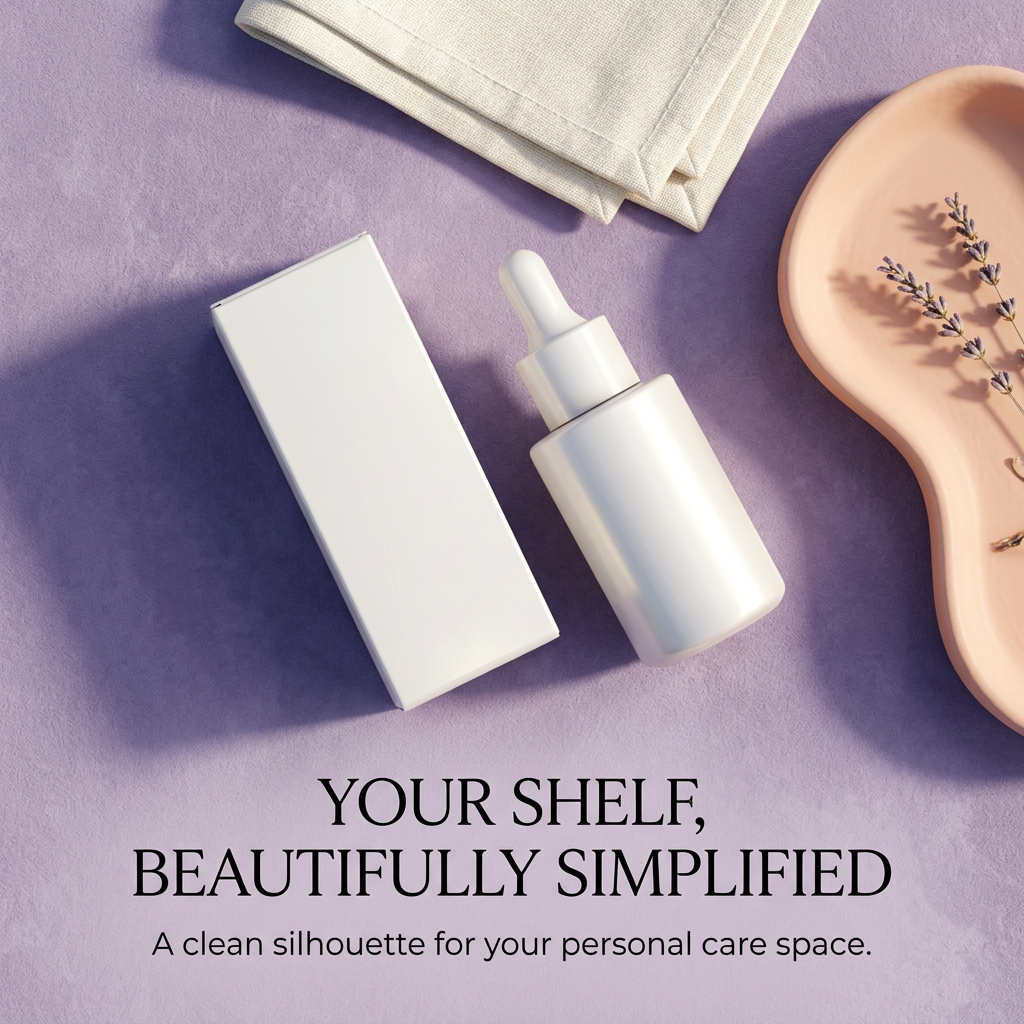 White hair essence bottle and carton in a lavender personal-care flat lay