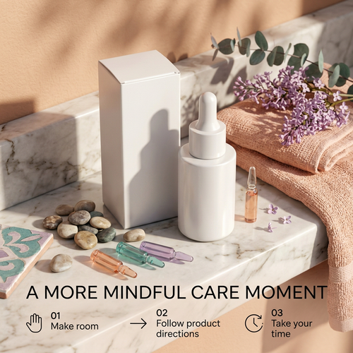 White unbranded hair essence bottle and carton in a colorful mindful hair-care routine composition