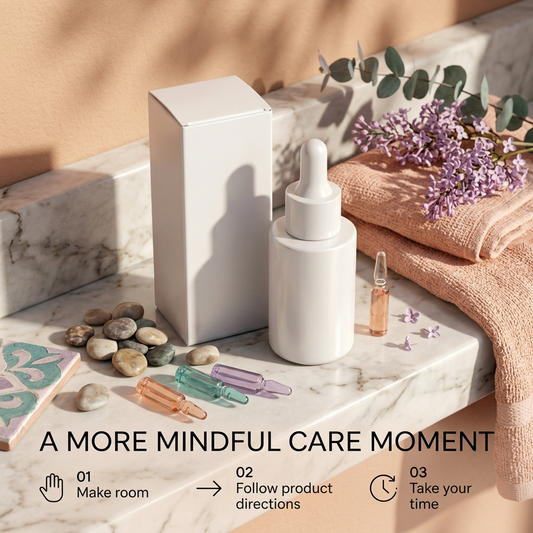 White unbranded hair essence bottle and carton in a colorful mindful hair-care routine composition