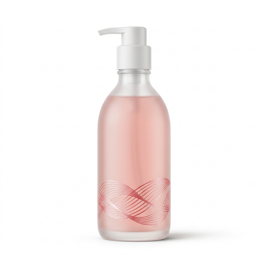 Unbranded blush pink serum body wash with white pump on a white background