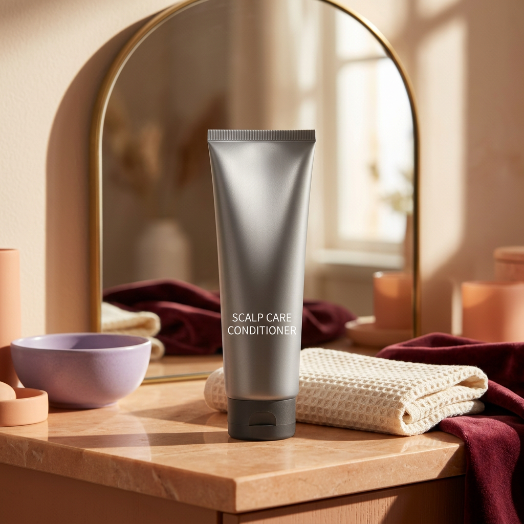Unbranded silver-gray Scalp Care Conditioner tube on a peach vanity with an ivory towel, arched mirror and burgundy and lavender setting
