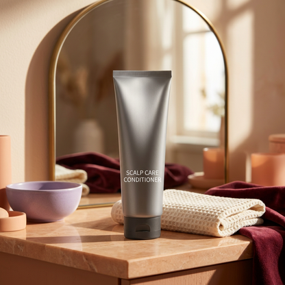 Unbranded silver-gray Scalp Care Conditioner tube on a peach vanity with an ivory towel, arched mirror and burgundy and lavender setting
