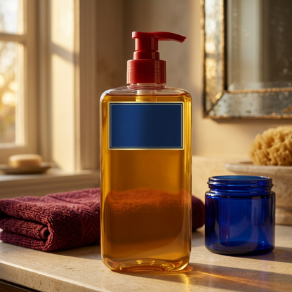 Amber shower oil styled on an ivory bathroom vanity