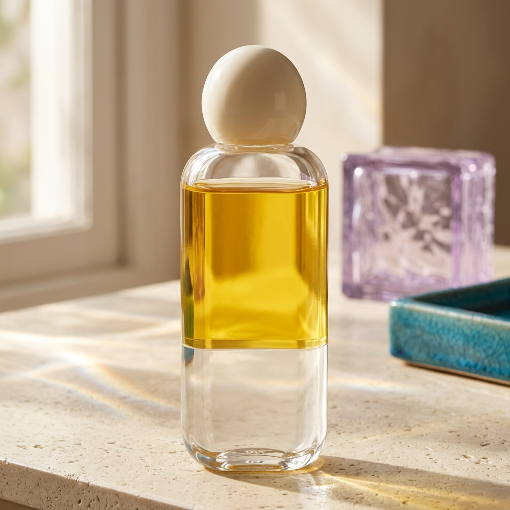 Golden-toned body serum oil on a pale stone vanity