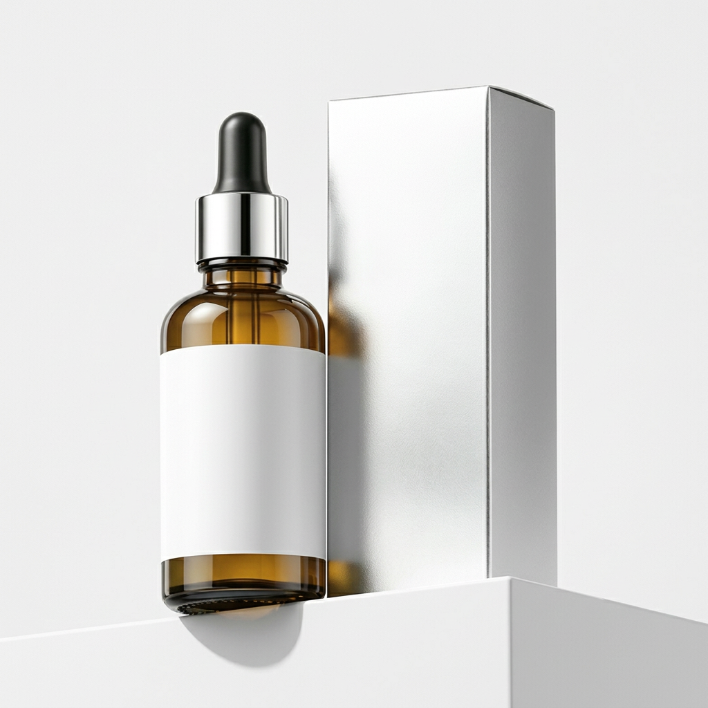 Hair care essence amber dropper bottle and silver-white carton on white background