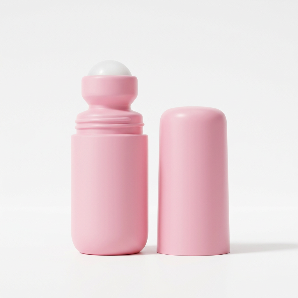 Unbranded pink roll-on serum with white roller and matching cap on white