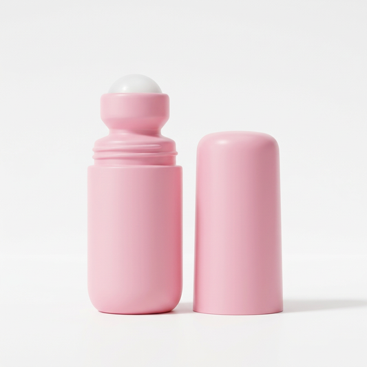 Unbranded pink roll-on serum with white roller and matching cap on white