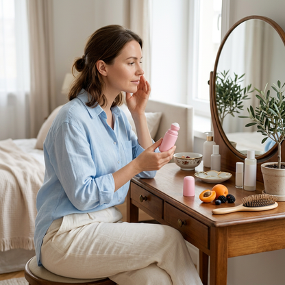 Adult female model holding pink roll-on serum
