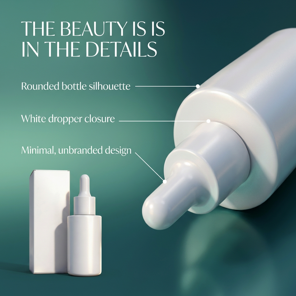 Close-up packaging details of a plain white hair essence dropper bottle
