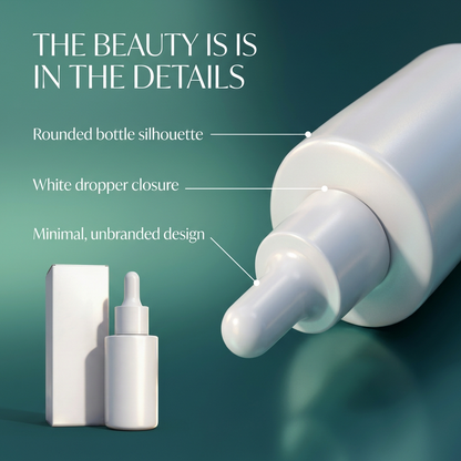 Close-up packaging details of a plain white hair essence dropper bottle