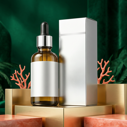 Amber hair serum bottle with emerald and gold styling