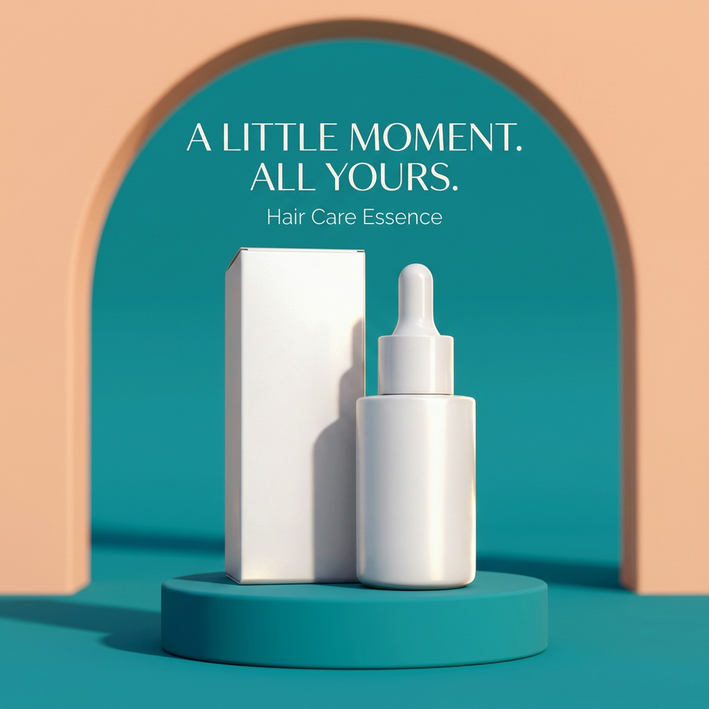 Plain white hair care essence packaging on a teal studio podium