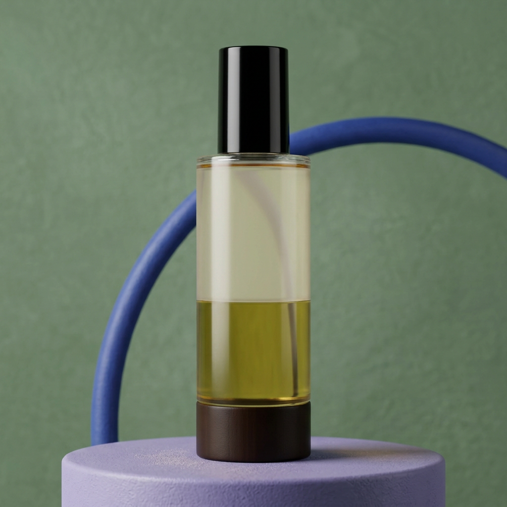 Body serum oil on lavender pedestal with sage backdrop