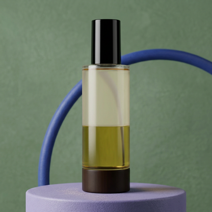 Body serum oil on lavender pedestal with sage backdrop