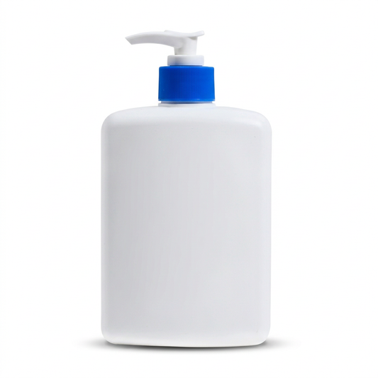 Unbranded white body lotion bottle with cobalt collar on white background