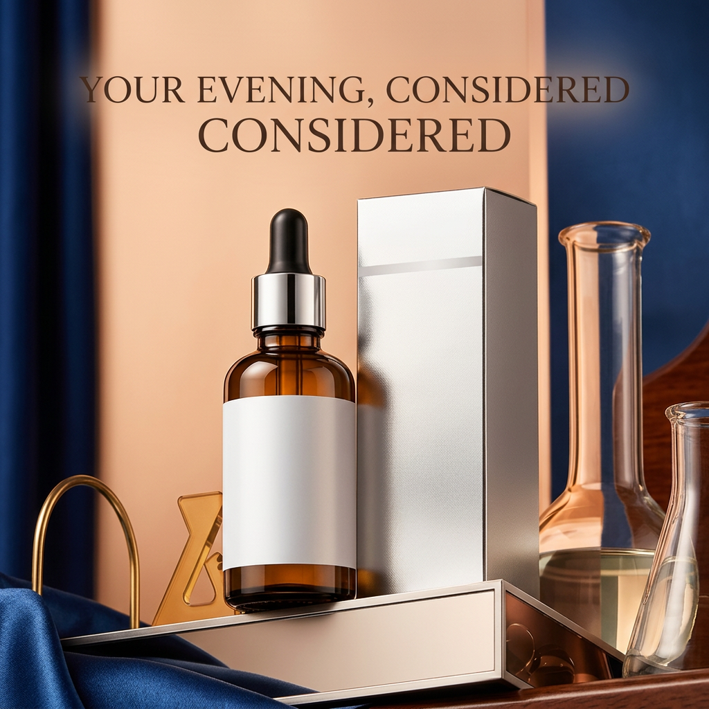 Amber hair essence bottle in an evening grooming setting
