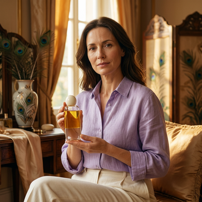 Adult female model holding golden-toned body serum oil