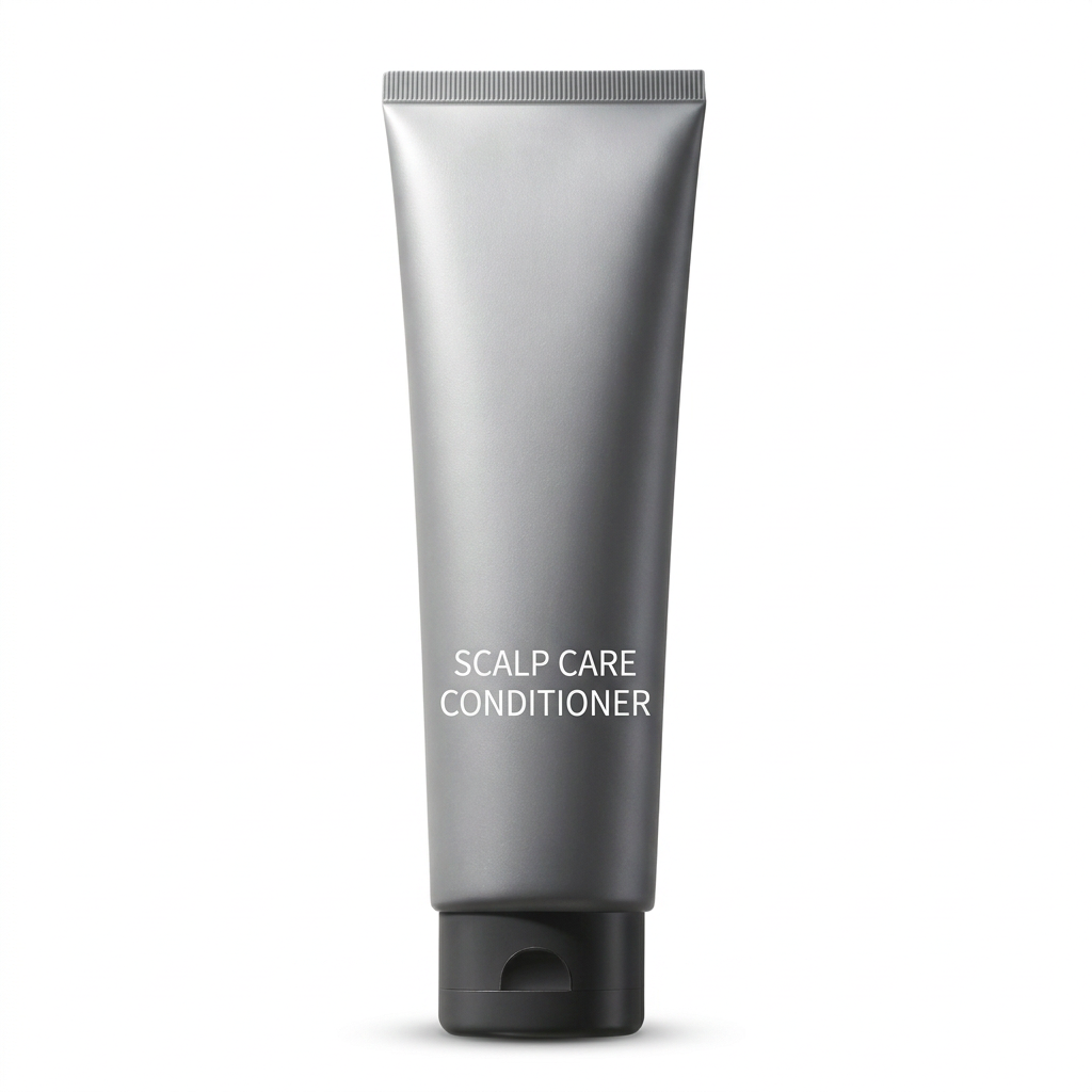 Unbranded silver-gray Scalp Care Conditioner tube with charcoal flip-top cap on a white background