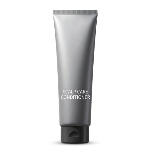 Unbranded silver-gray Scalp Care Conditioner tube with charcoal flip-top cap on a white background
