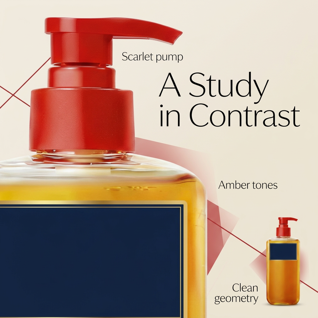 Red pump and rounded bottle shoulder close-up