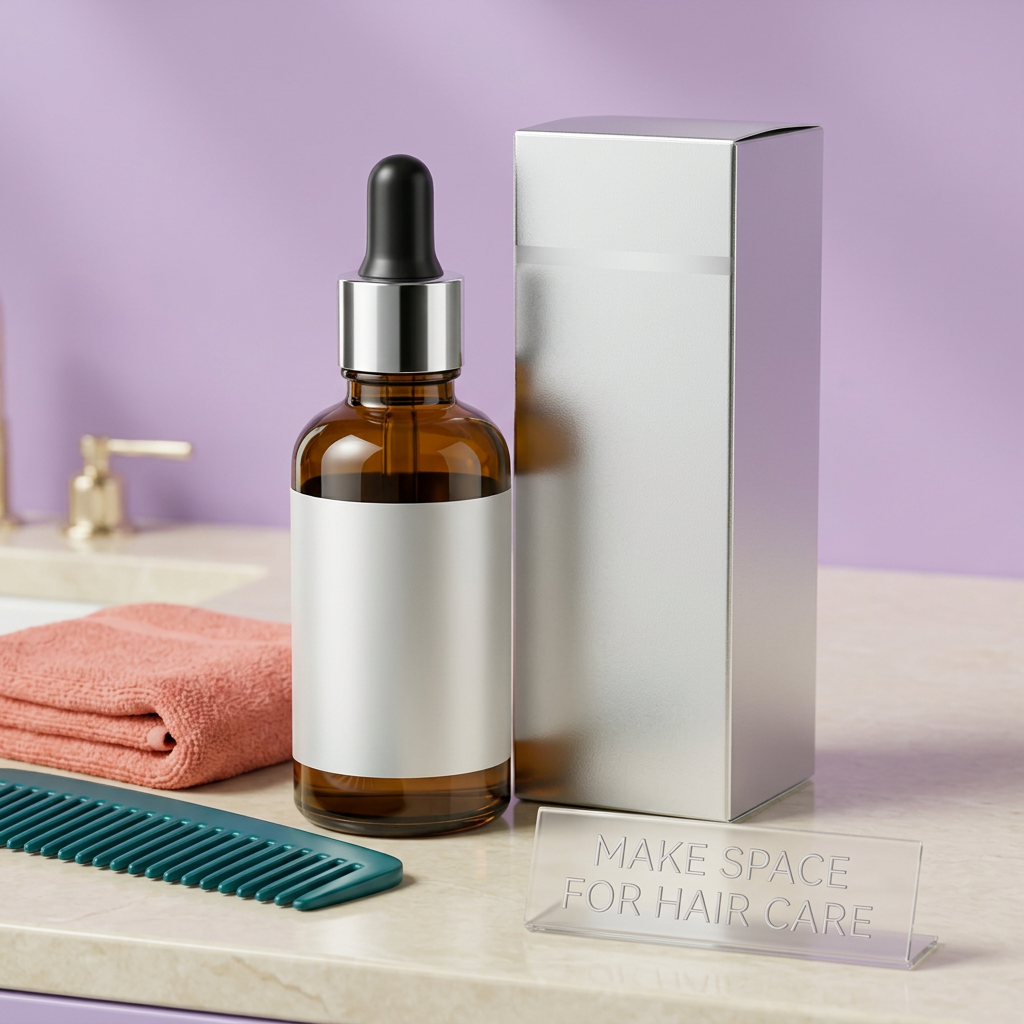 Hair essence bottle in a colorful vanity setting