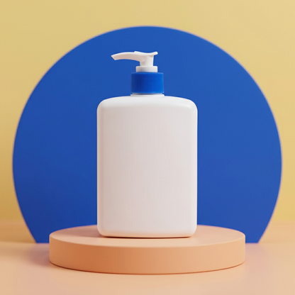White body lotion on peach pedestal with cobalt and yellow accents