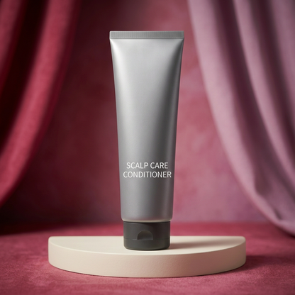Silver-gray Scalp Care Conditioner tube on an ivory plinth against a raspberry and lilac backdrop