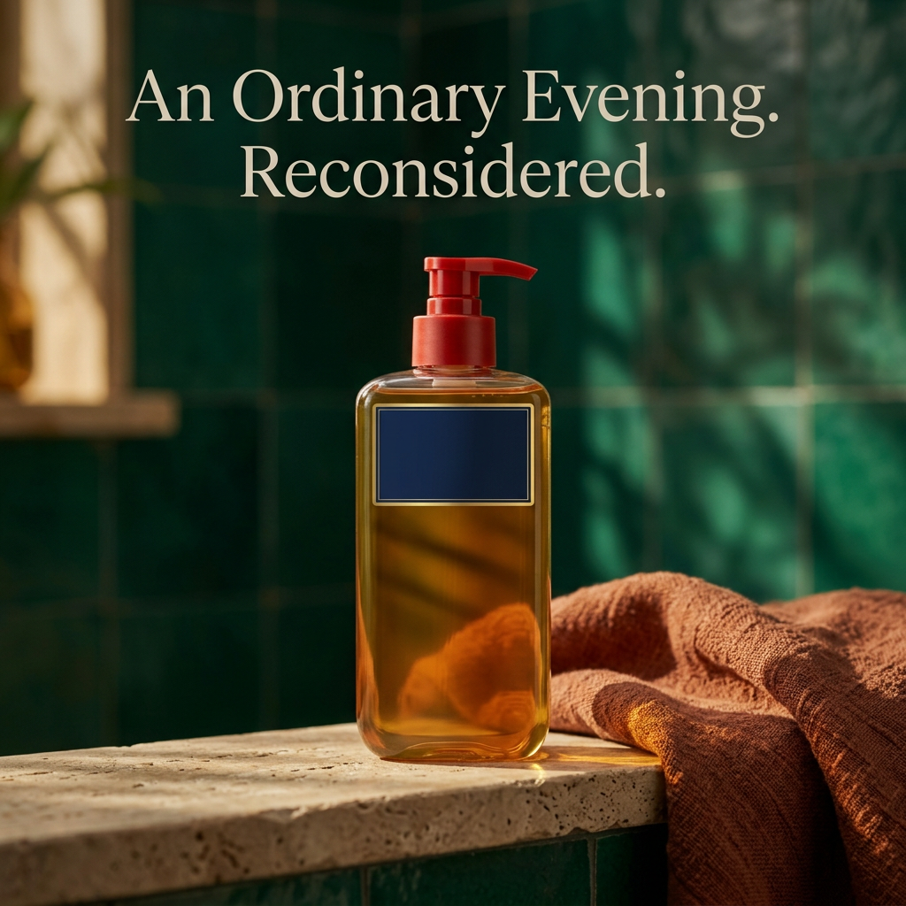 Amber shower oil against peacock green bathroom tile