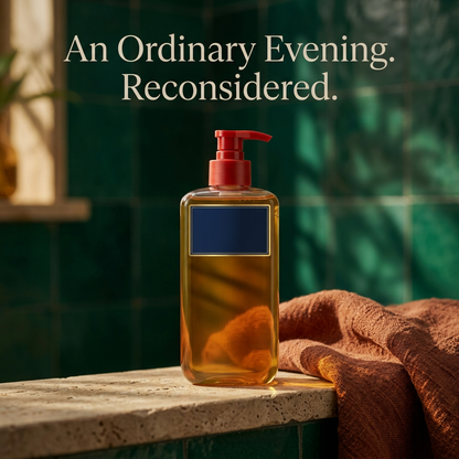 Amber shower oil against peacock green bathroom tile