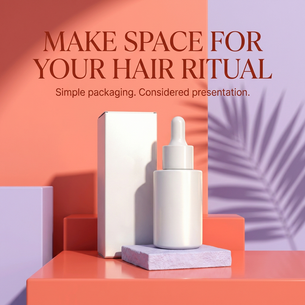 White hair essence bottle and carton styled with coral and lavender