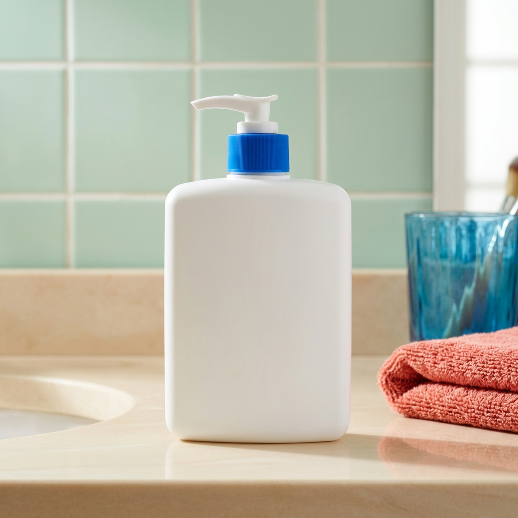 White body lotion on a colorful bathroom vanity