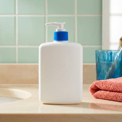 White body lotion on a colorful bathroom vanity