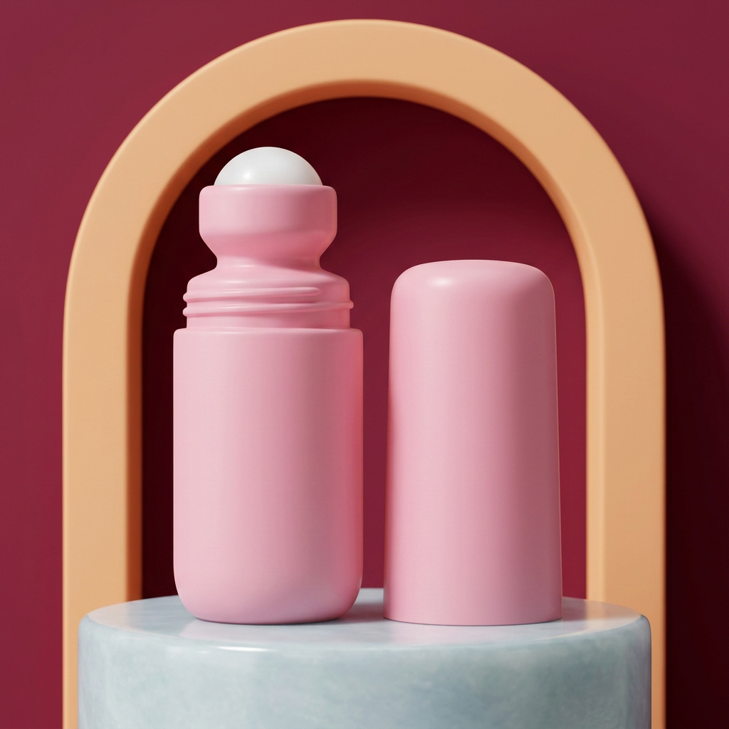 Pink roll-on serum on ice blue pedestal with apricot and berry backdrop