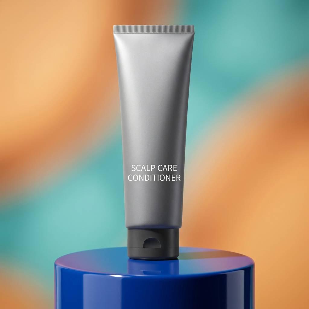 Silver-gray Scalp Care Conditioner tube displayed on a cobalt pedestal with apricot and turquoise backdrop