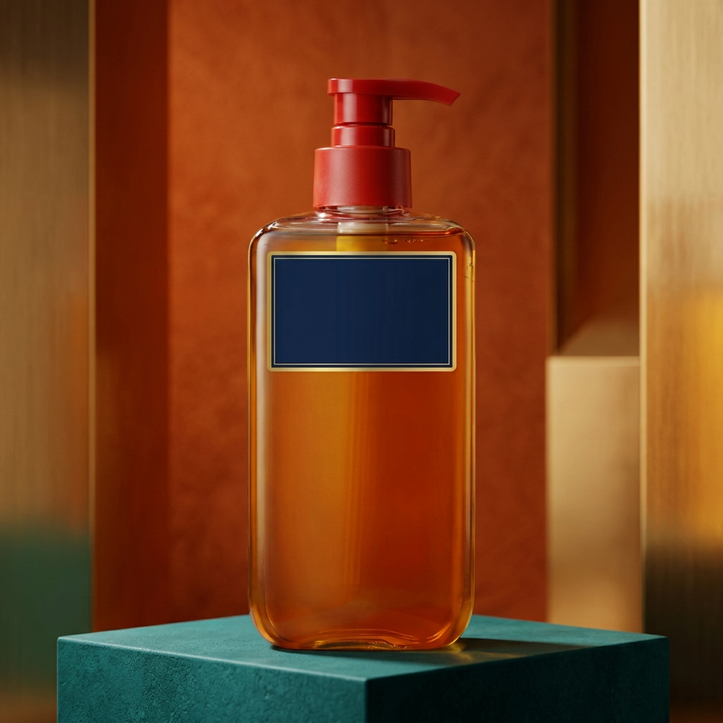 Amber shower oil on teal pedestal with warm golden backdrop