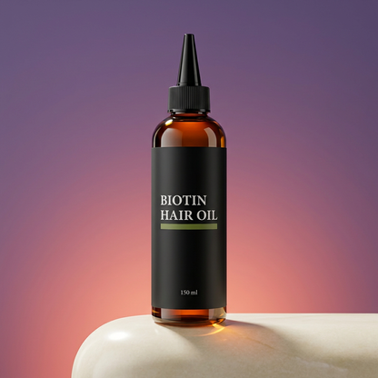 Biotin Hair Oil bottle on an ivory plinth against a coral and lavender background